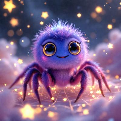 The primary subject of the image is a purple spider with big eyes, sitting on a web. The setting is a cloudy sky, and the visual style is digital art. The colors are predominantly purple and blue, creating a calm and serene atmosphere.
